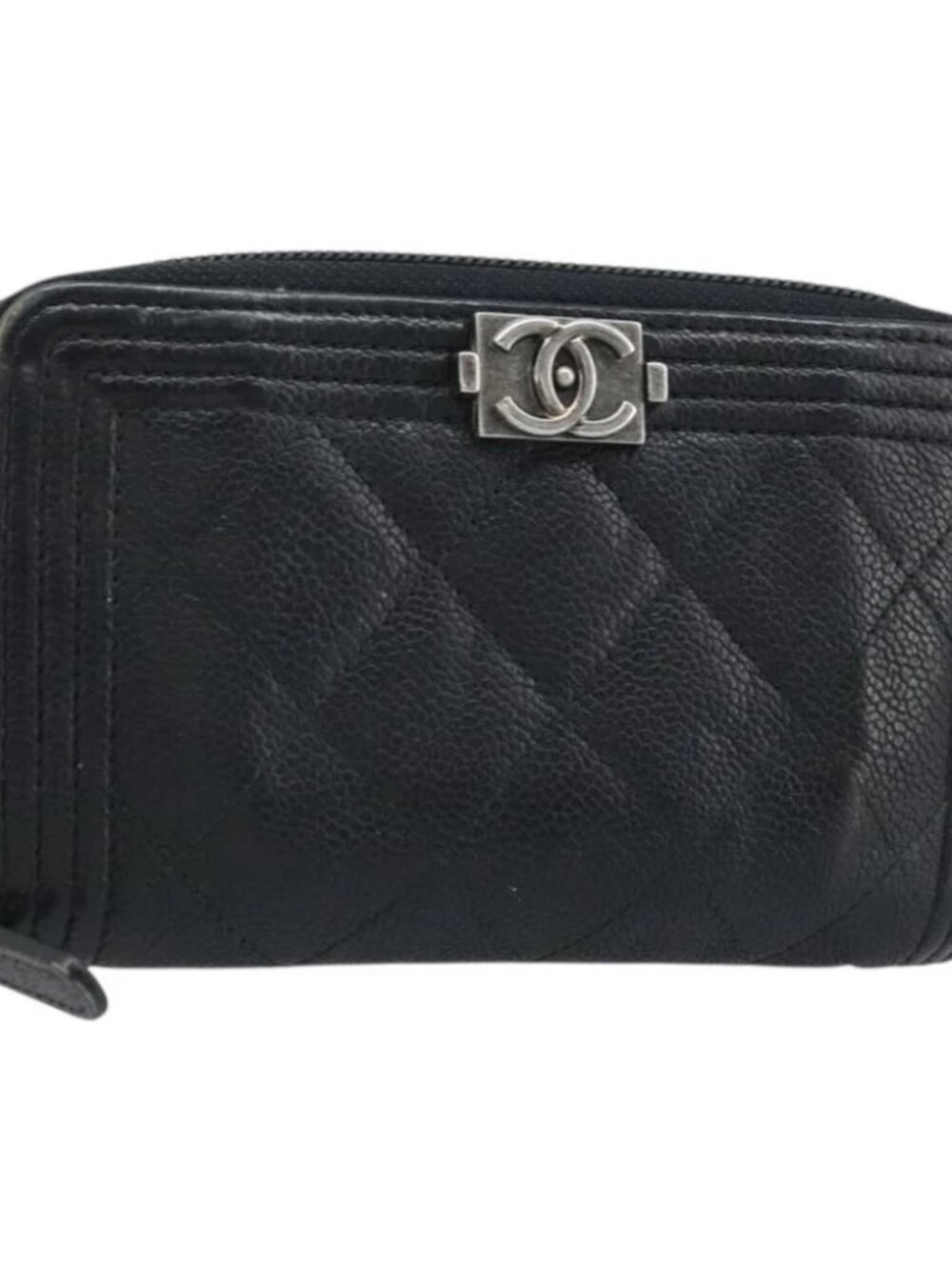 CHANEL Boy Chanel Matelasse Wallet Grained Calf Skin Black CC Auth bs34179
